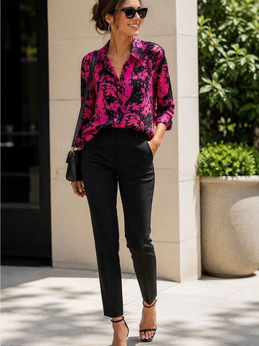 100% Silk blouse in fuschia pink, melon & black modern abstract print - Studio G